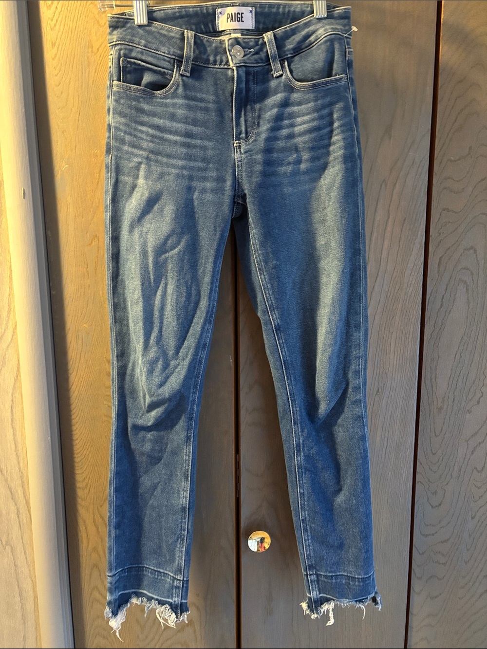 Paige Skyline Skinny Crop Jeans Denim Straight Stretch Raw Hem
